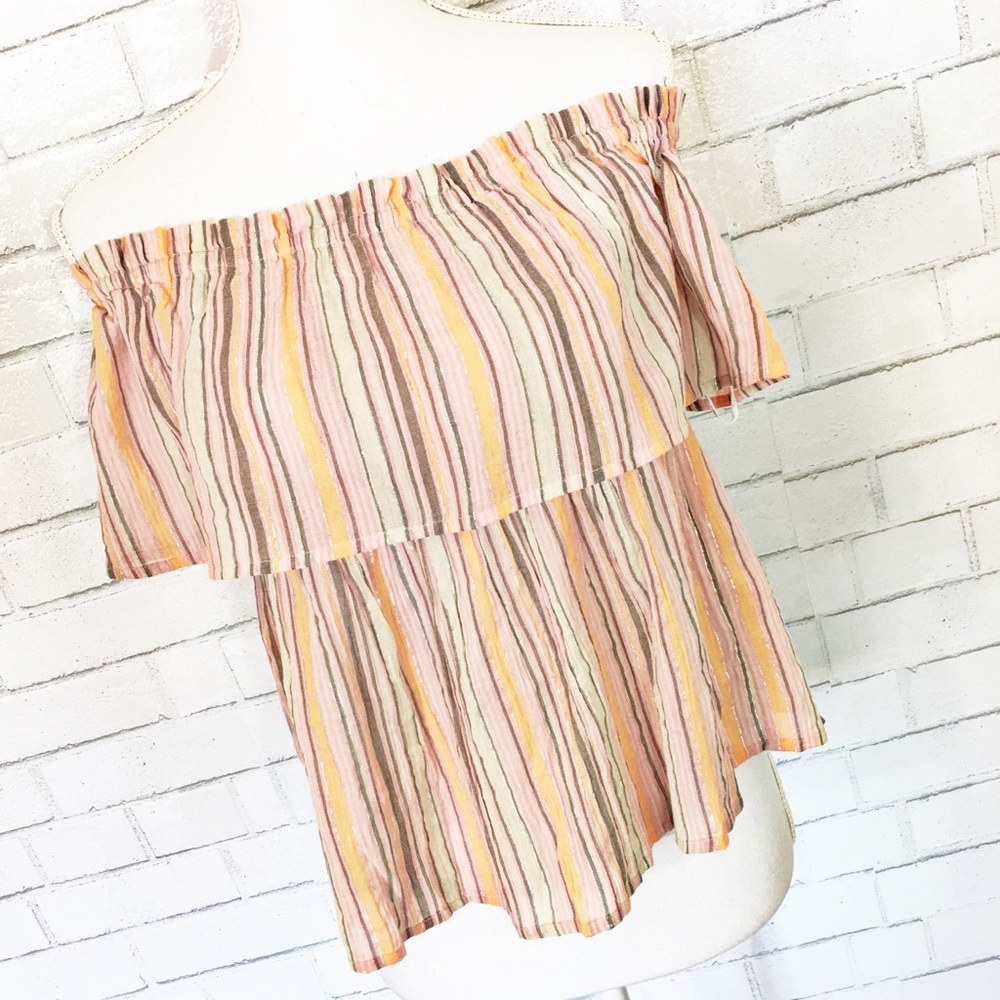 Brand New Lucky Brand Summer Peach Pink Off Shoulder Stripes Shine Top - Picture 6 of 7